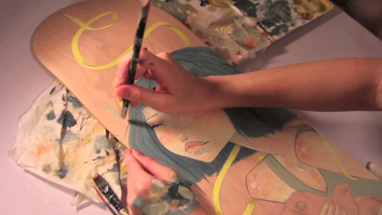 Painting on a skate deck for Waffurusōru
