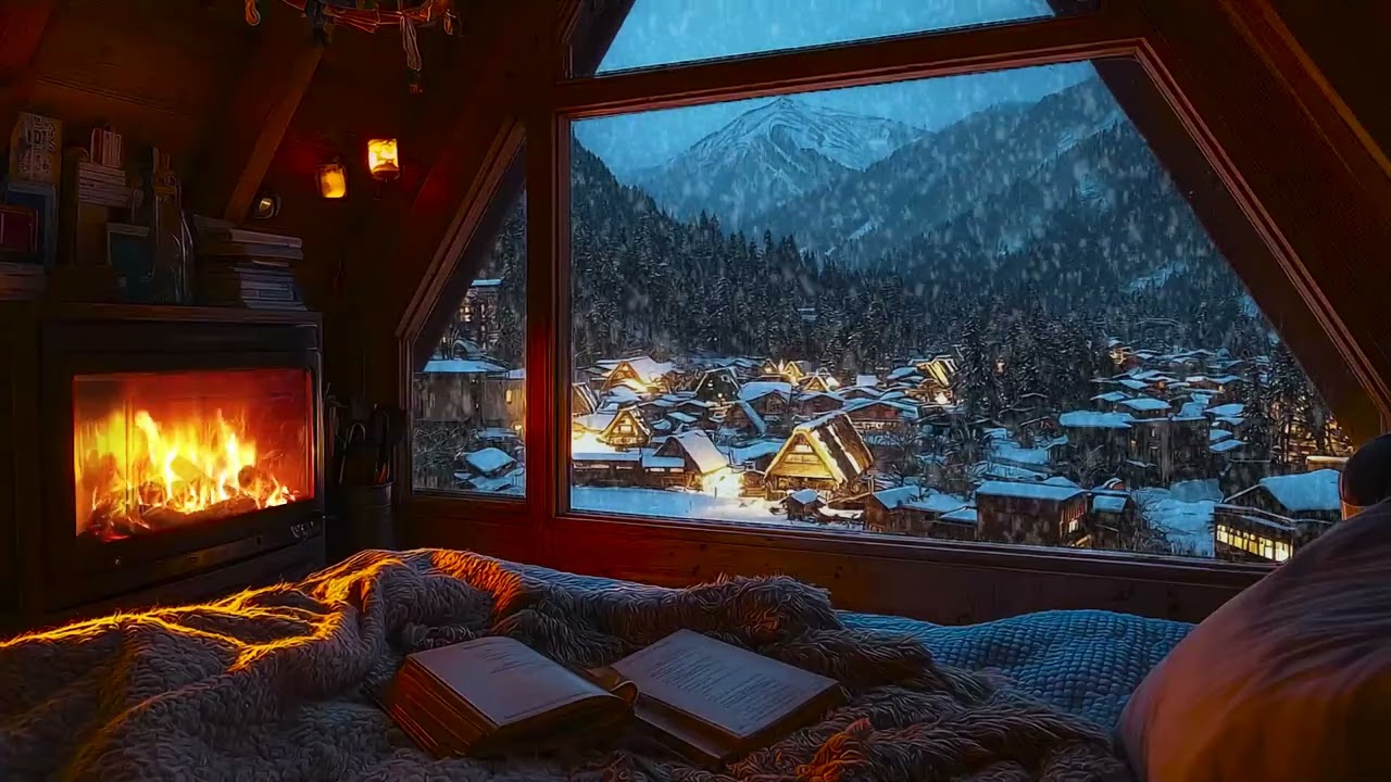 Isolated Winter Cabin Beneath Heavy Snow with Gentle Fire Crackles for Sleep, Relaxation and Study