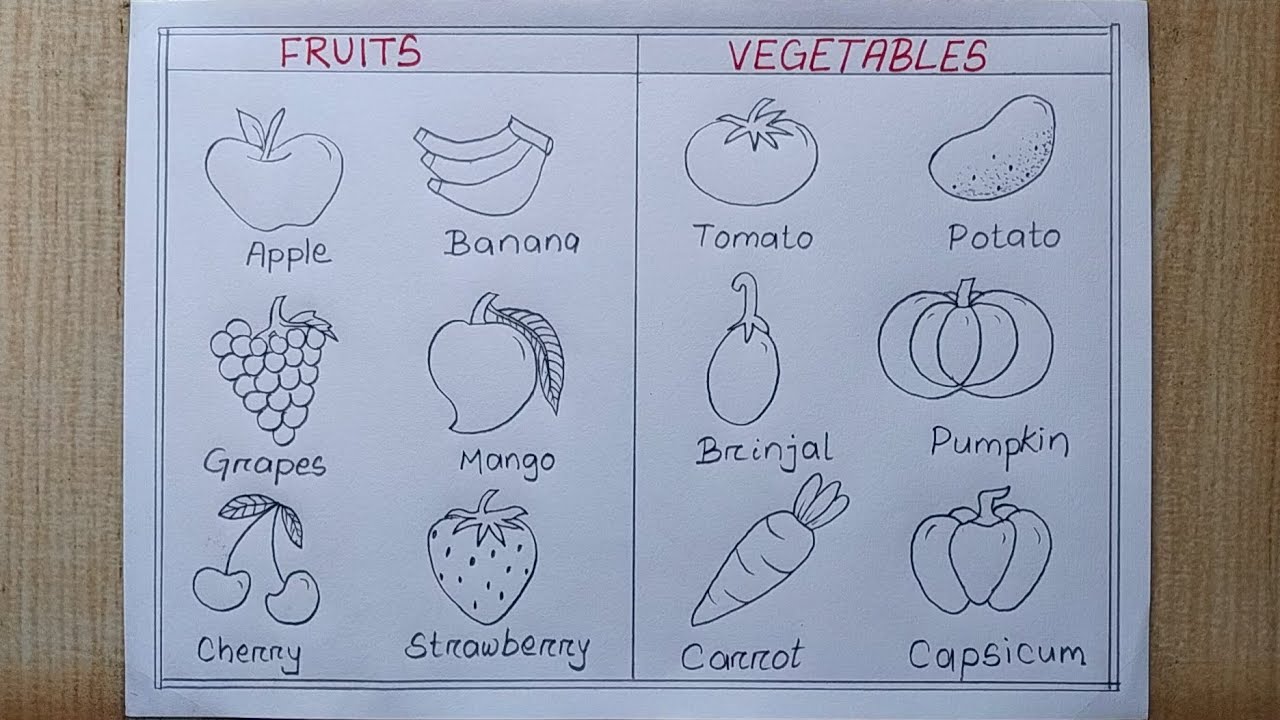 How to draw different types of Fruits and Vegetables drawing| Fruits and Vegetables Charts drawing