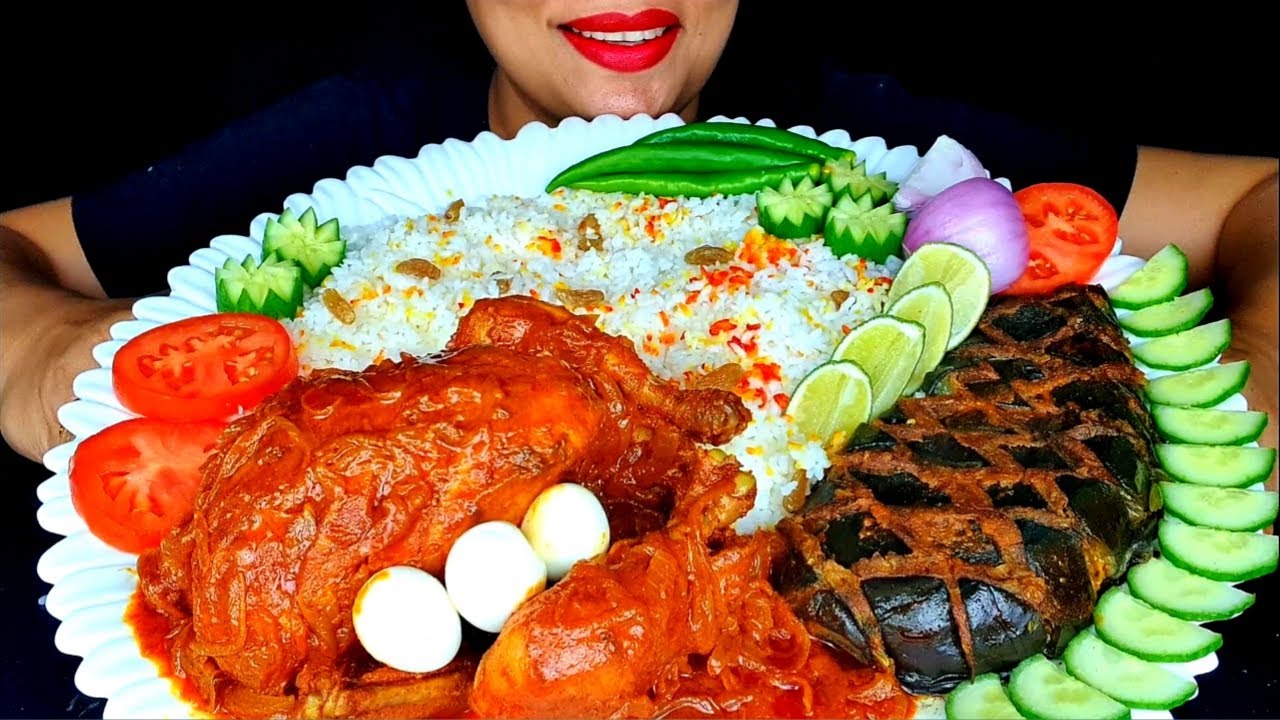 ASMR:SPICY WHOLE CHICKEN DOPIAZA,CHICKEN STUFFED BRINJAL FRY WITH POLAO,CHILLI ||ZAKIA-SPICY ASMR