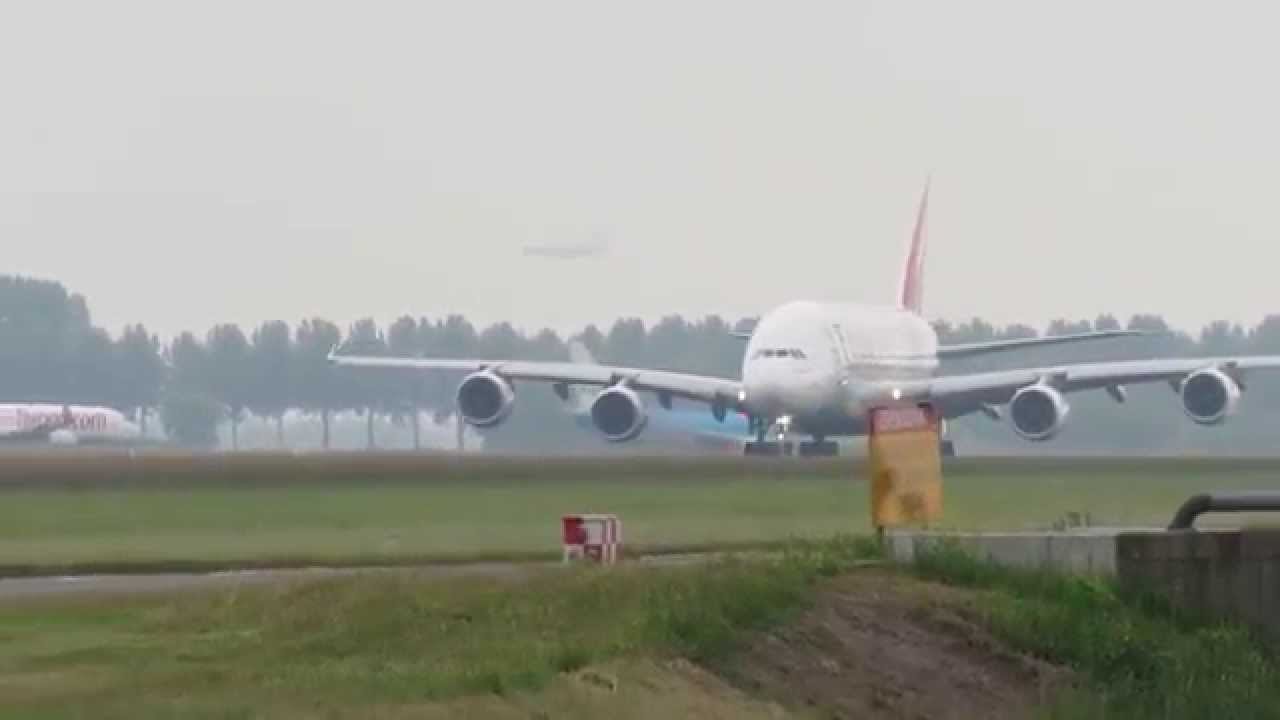 Emirates A-380 taking off at Amsterdam's Schiphol airport.