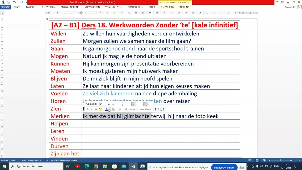 [A2 - B1] Ders 18. Hollandacada Te'siz Kullanılan Mastarlar. Kale Infinitief. Werkwoorden Zonder te