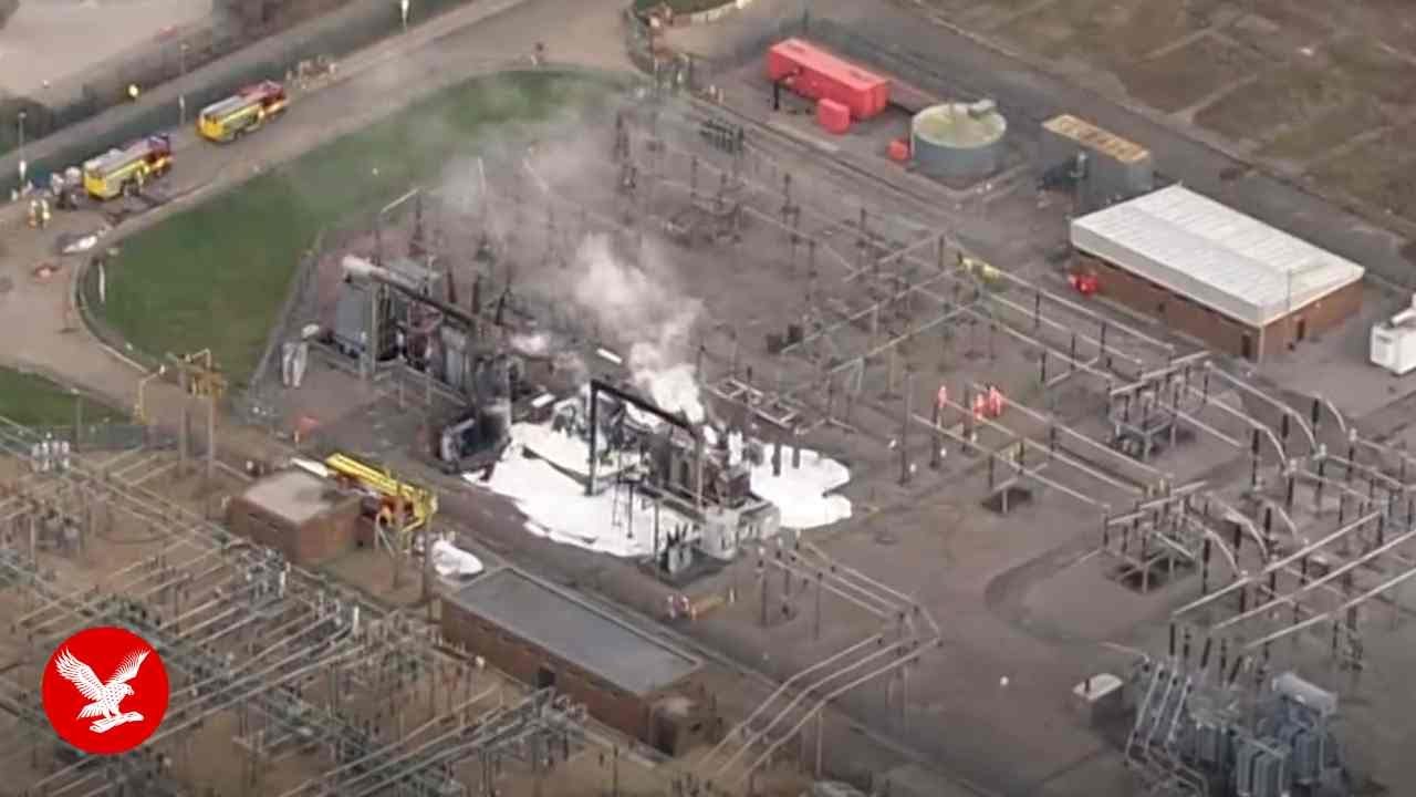 Drone footage shows London electricity substation on fire forcing closure of Heathrow Airport