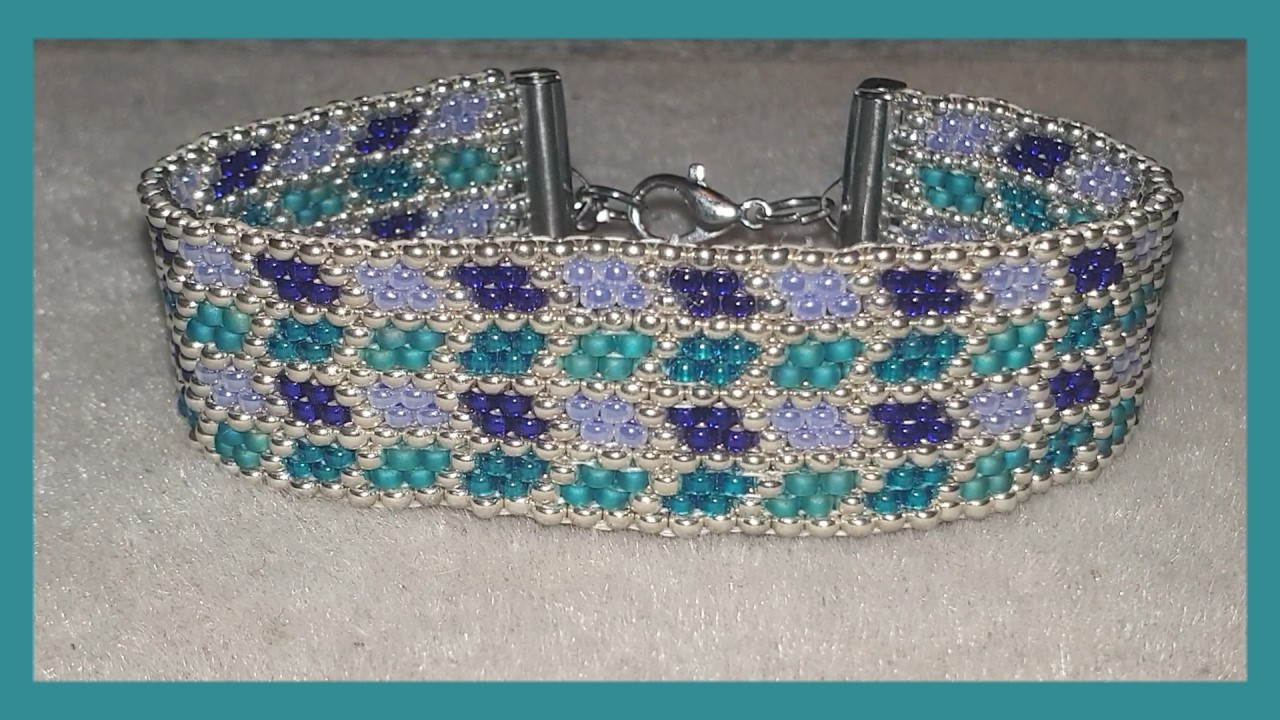 Bracelet tissage peyote argenté bleu et violet