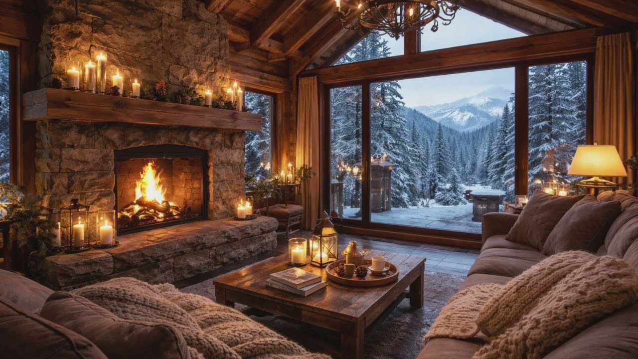 Relaxing Mountain Chalet Fireplace | Crackling Fire Sounds 🔥, Snowy Window View ❄️ – 2 Hours Loop