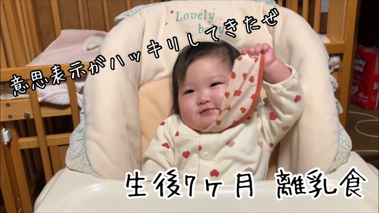 生後7ヶ月 離乳食 手を口の中に入れたりスタイを引っ張ったりして てんやわんやな夕飯