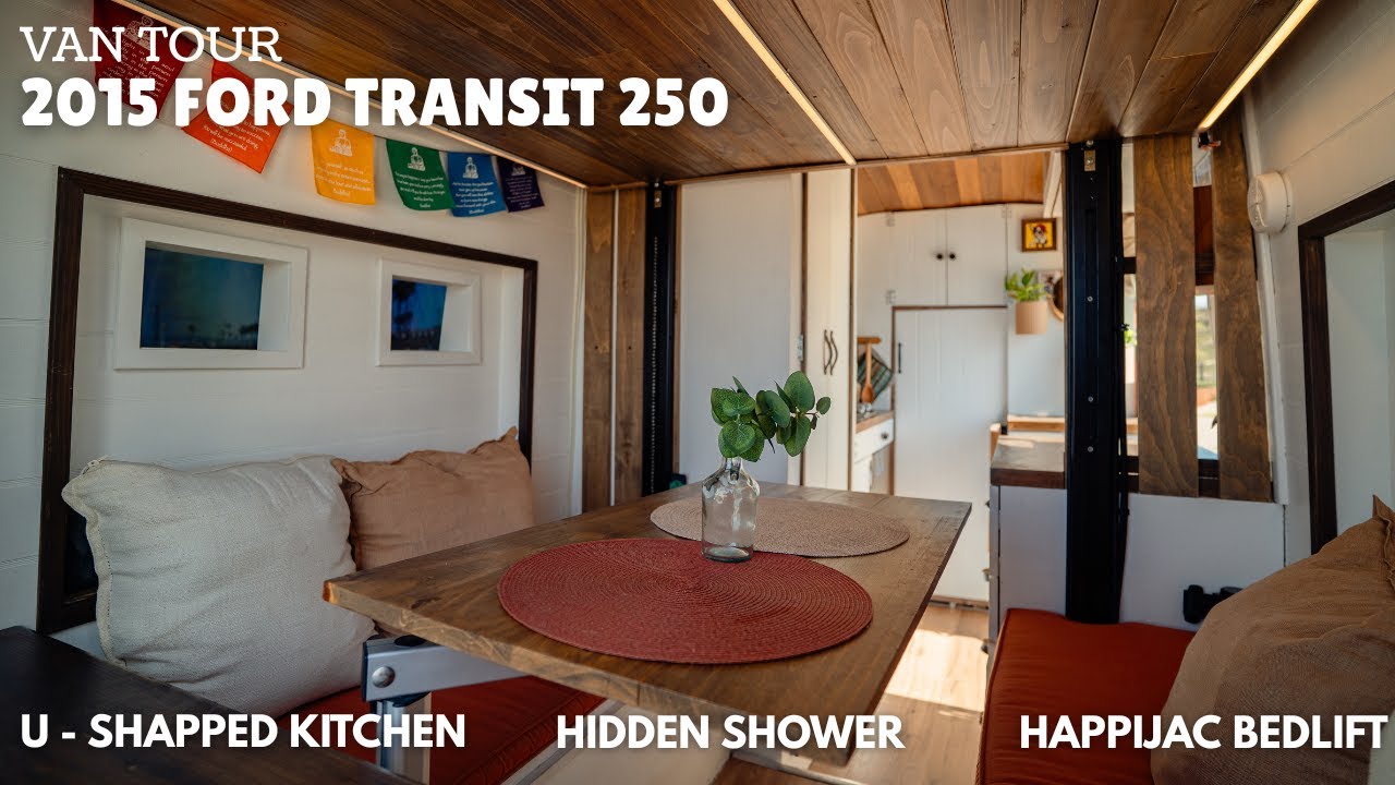 Best Layout VAN TOUR | Self Built Transit DIY with U-Shaped Kitchen, Hidden Shower & Bed Lift 