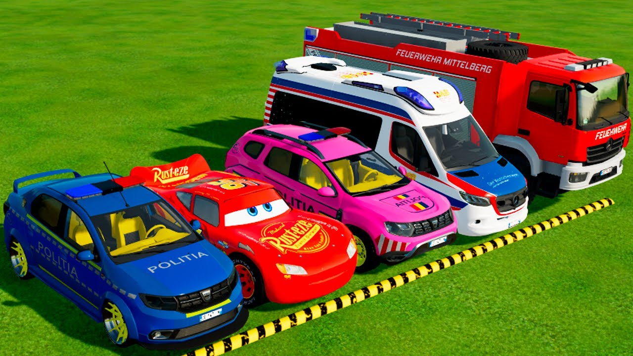 DACIA, MCQUEEN CAR, FORD POLICE CARS, AMBULANCE EMERGENCY TRANSPORTING WITH TRUCKS ! FS22 #18