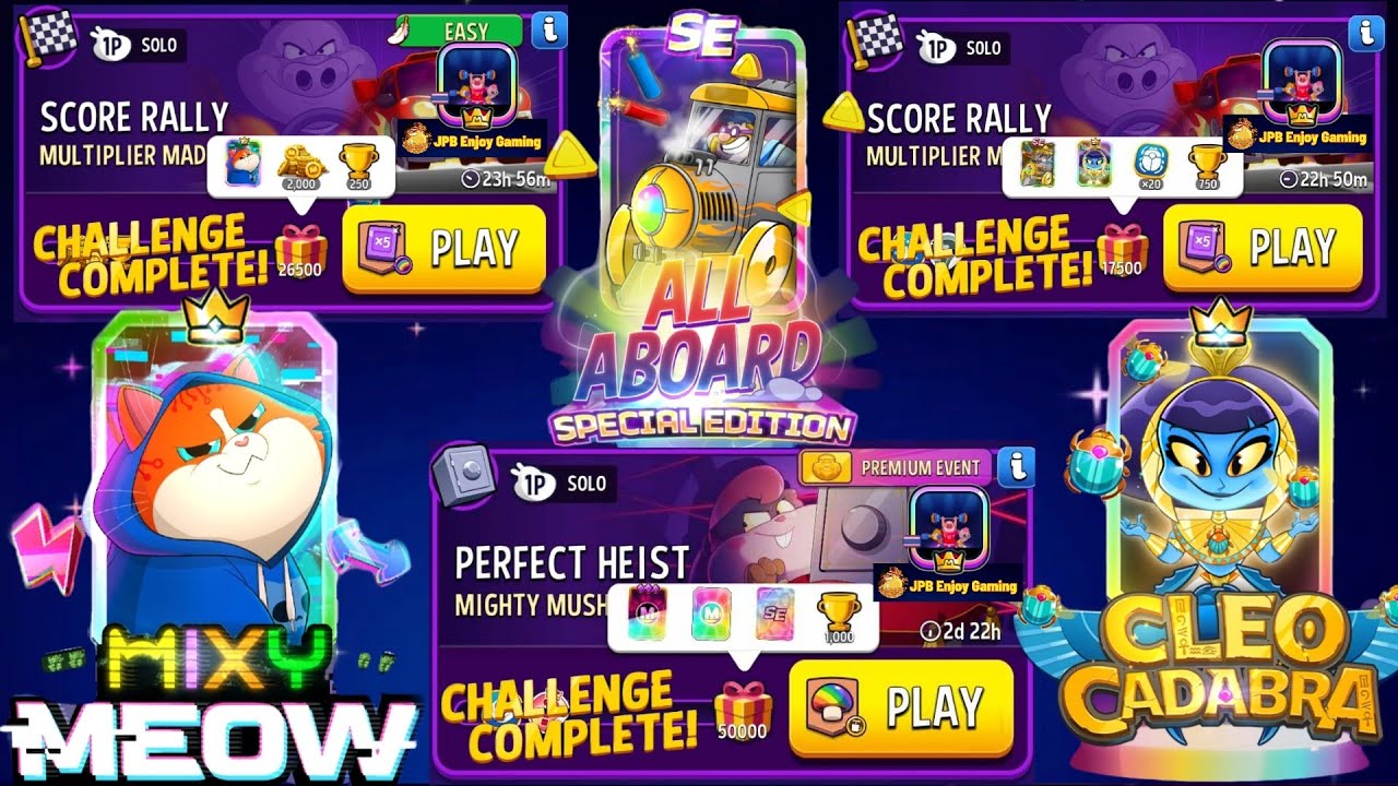 3 Solo Challenge/ 2 Multiplier Madness Rainbow/ 26500, 17500 Score /Mighty Mushrooms Match Masters