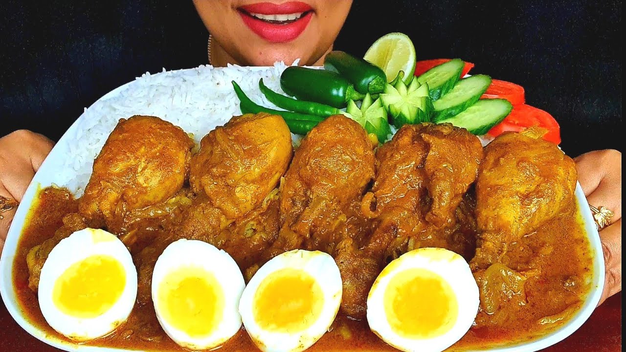 ASMR:SPICY CHICKEN JHOL AND BOILED EGG WITH WHITE RICE (NO TALKING)EATING SOUND||ZAKIA-SPICY ASMR
