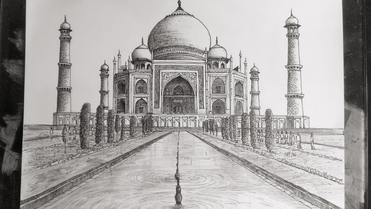 cara menggambar bangunan tajmahal dengan pensil dan pena