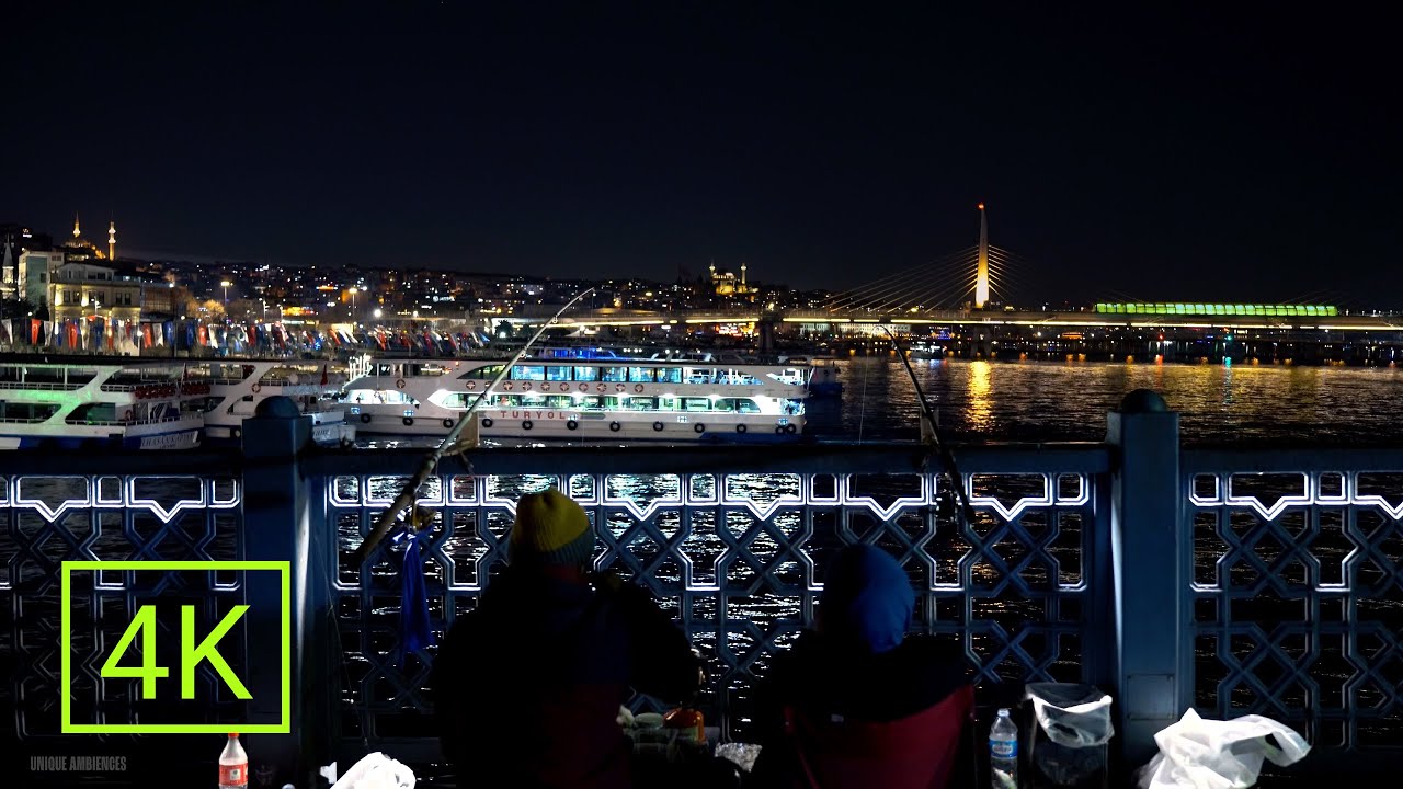 Romantic Night Fishing at Galata Bridge | ASMR, Relaxing City Ambience with Nature Sounds for Sleep