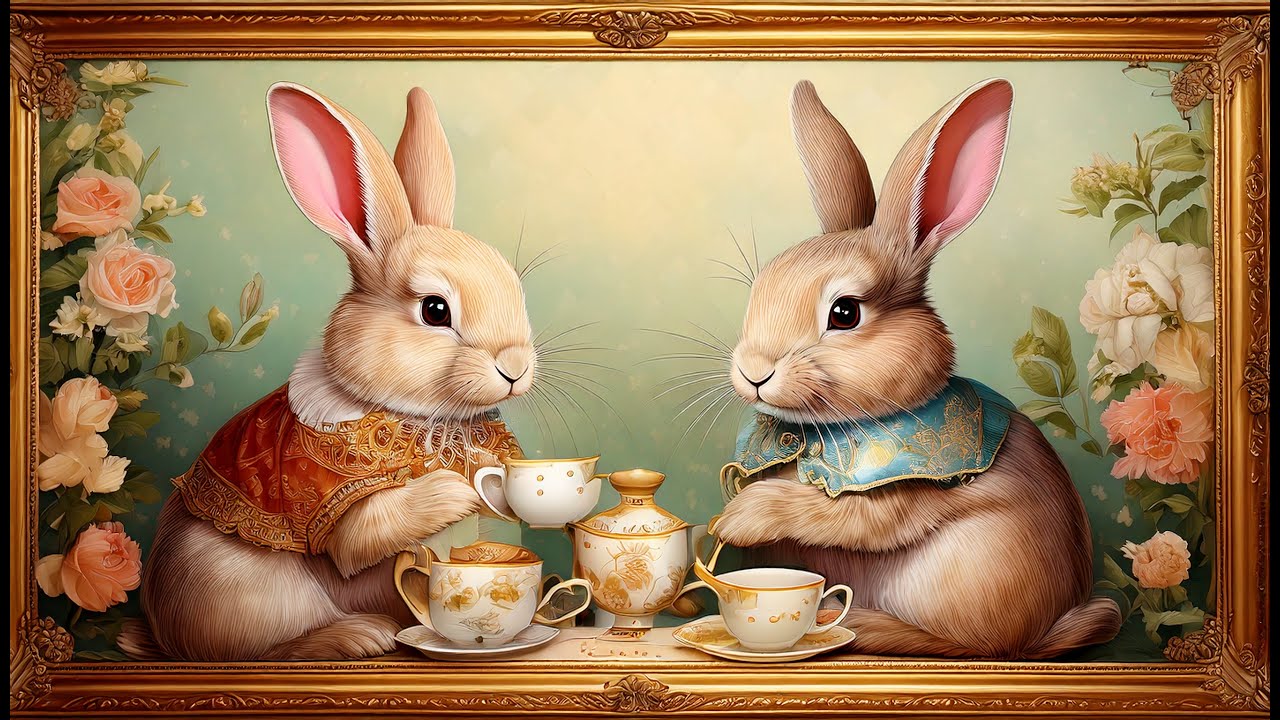 [4K] Easter Bunnies Tea Time Delight | Elegant Gold Framed TV Art Screensaver for TV Wallpaper