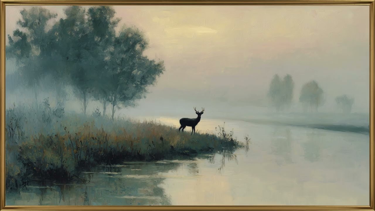 Misty River Landscape with Deer | 4K Frame TV Art | Calm Nature Painting (2 Hours)
