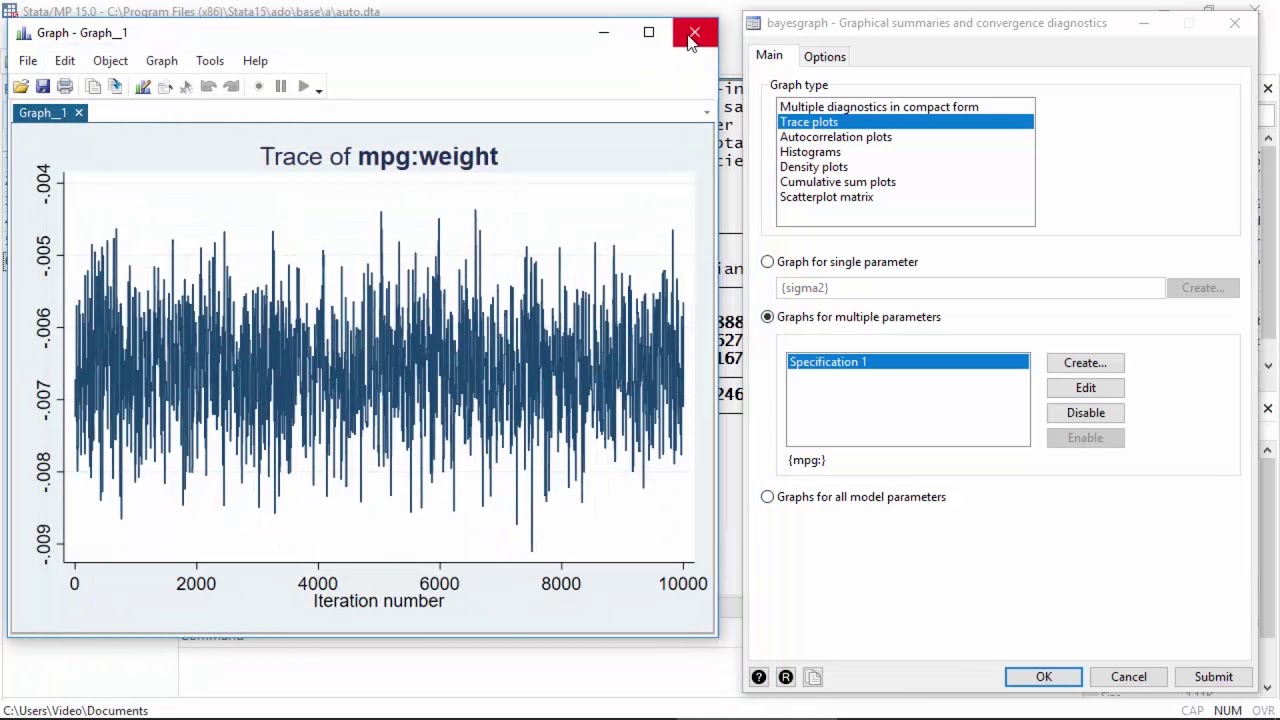 Bayesian linear regression using the bayes prefix: Checking convergence of the MCMC chain