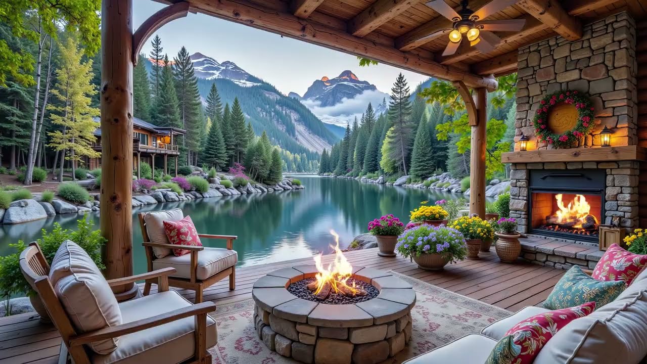 Morning Lakeside Ambience with Soft Piano Instrumental Music 🌿 Relaxing Campfire to Relax, Study