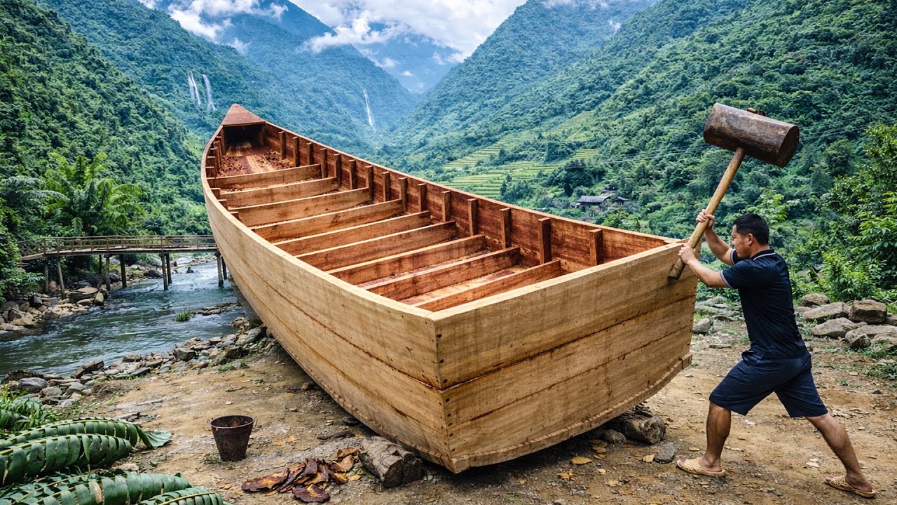 Primitive skills; DIY WOODEN BOAT, went to the market to buy kohlrabi, cabbage, and ducklings