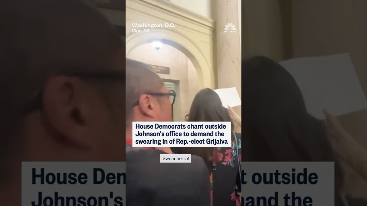 House Democrats chant outside Johnson's office to demand the swearing in of Rep.-elect Grijalva