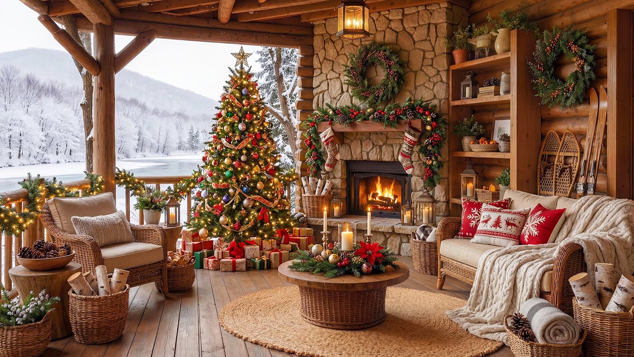 Warm Christmas Ambience in Cozy Winter Porch 🎅 Instrumental Christmas Music & Fireplace for Relax