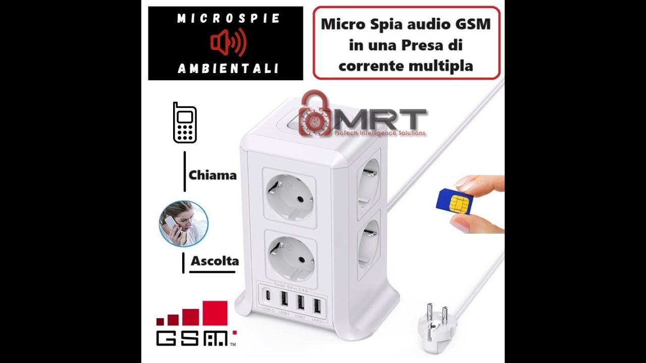 Microspia GSM professionale ascolto in diretta occultata all'interno di una vera prese di corrente