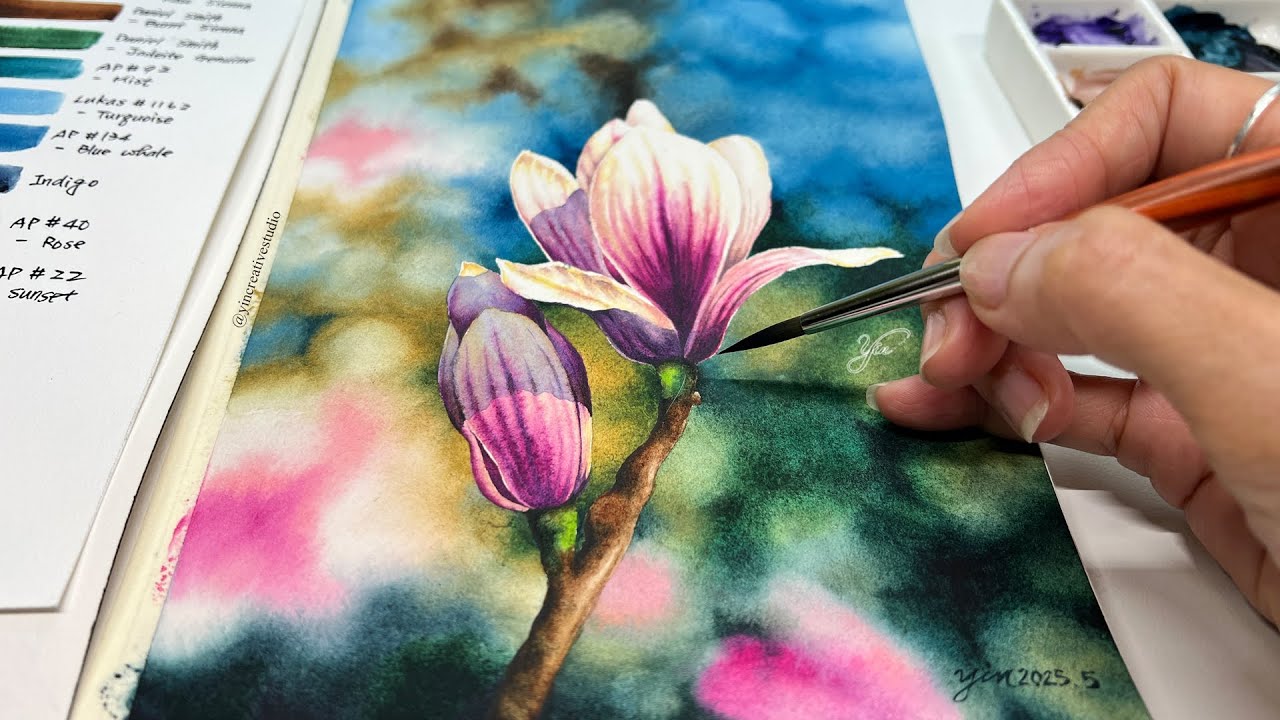 How to Paint Magnolias with Soft Bokeh Effect Background in Watercolor#watercolor #magnolia #art