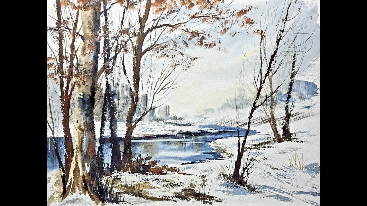 Learn how to paint snow in watercolors/ winter landscape with hake brush ~Demo by Wardah
