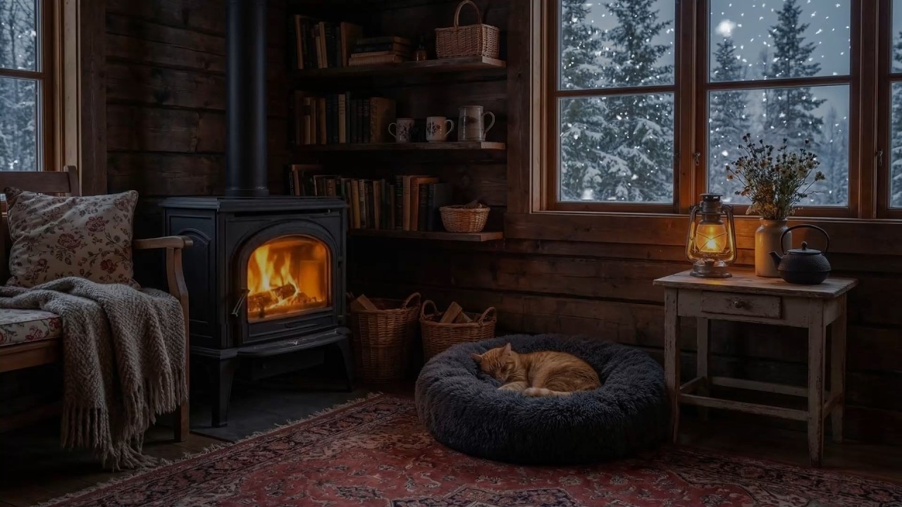 Snowstorm Serenity in the Winter Lodge | Fireplace & Snowfall Sounds for Peaceful Sleep & Focus