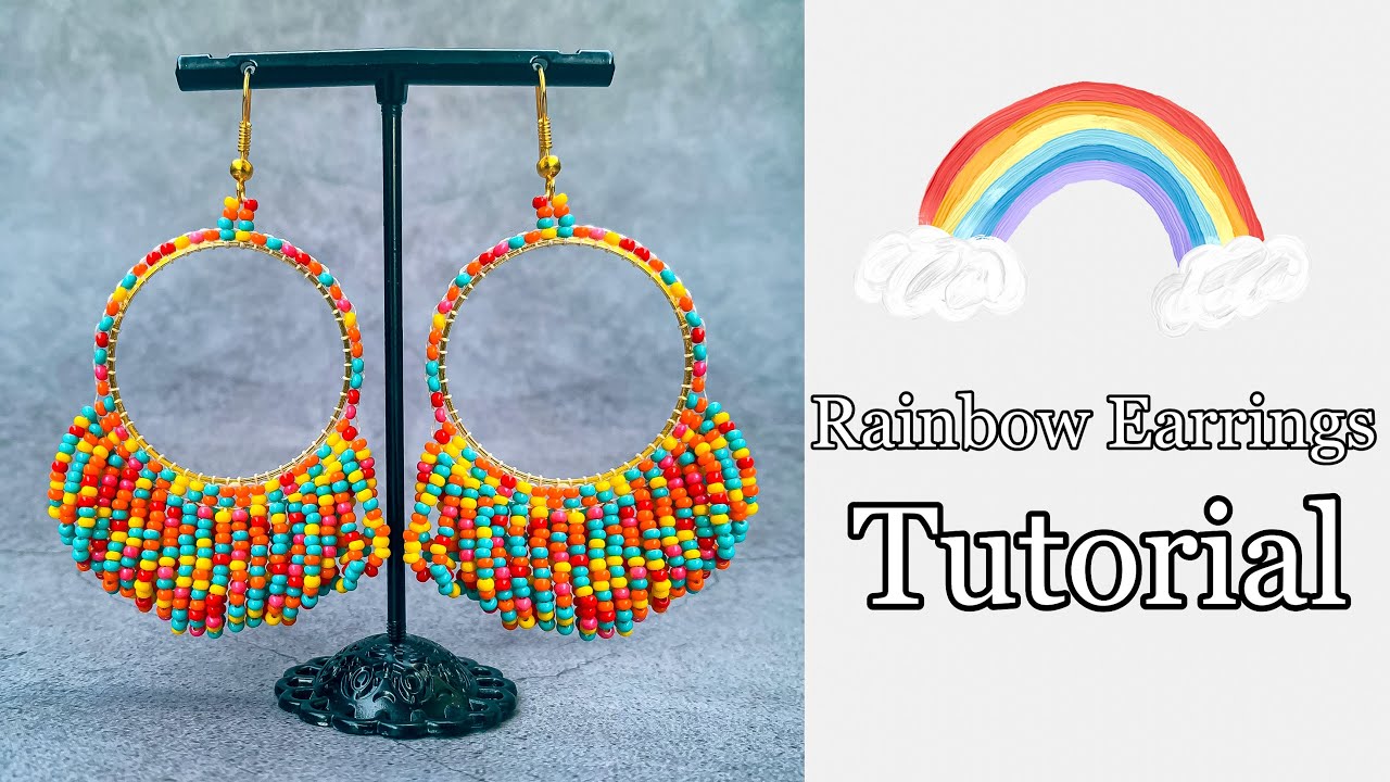 Rainbow Bead Hoop Earrings with fringe | Easy to make hoop earrings | Beaded hoop tutorial