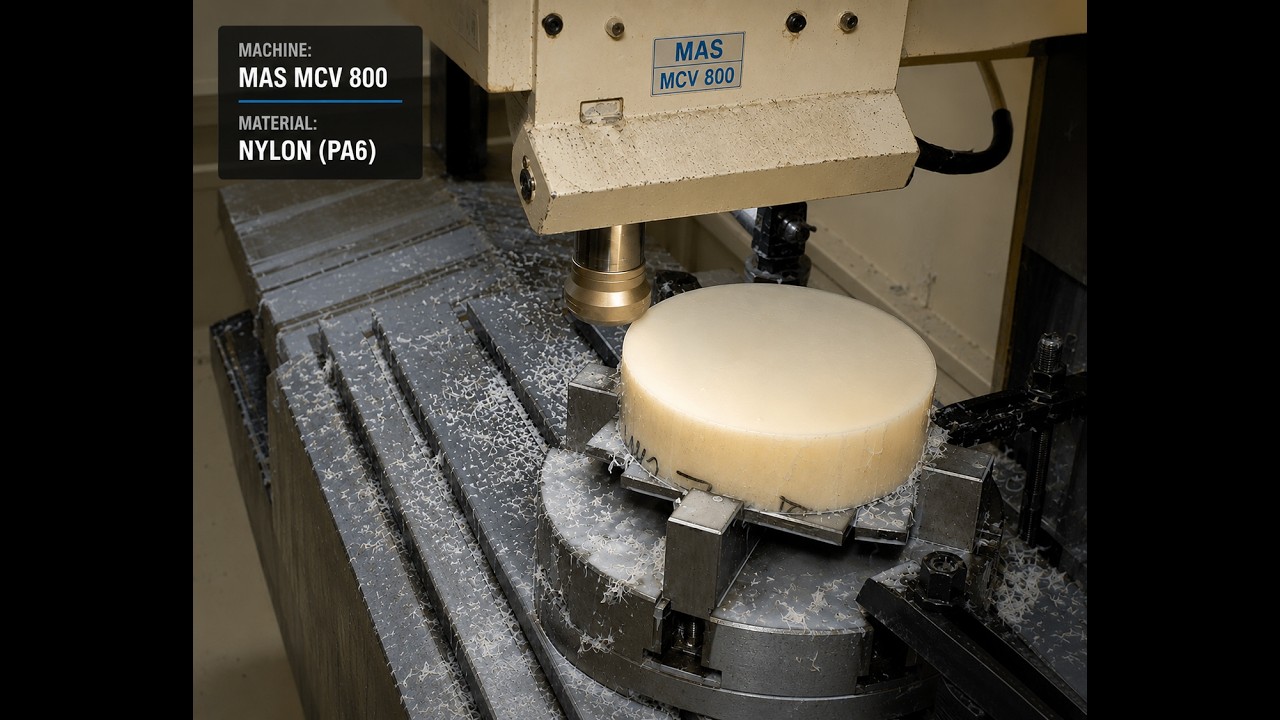 MAS MCV 800 - Nylon Machining Timelapse/From Setup to Final Product/