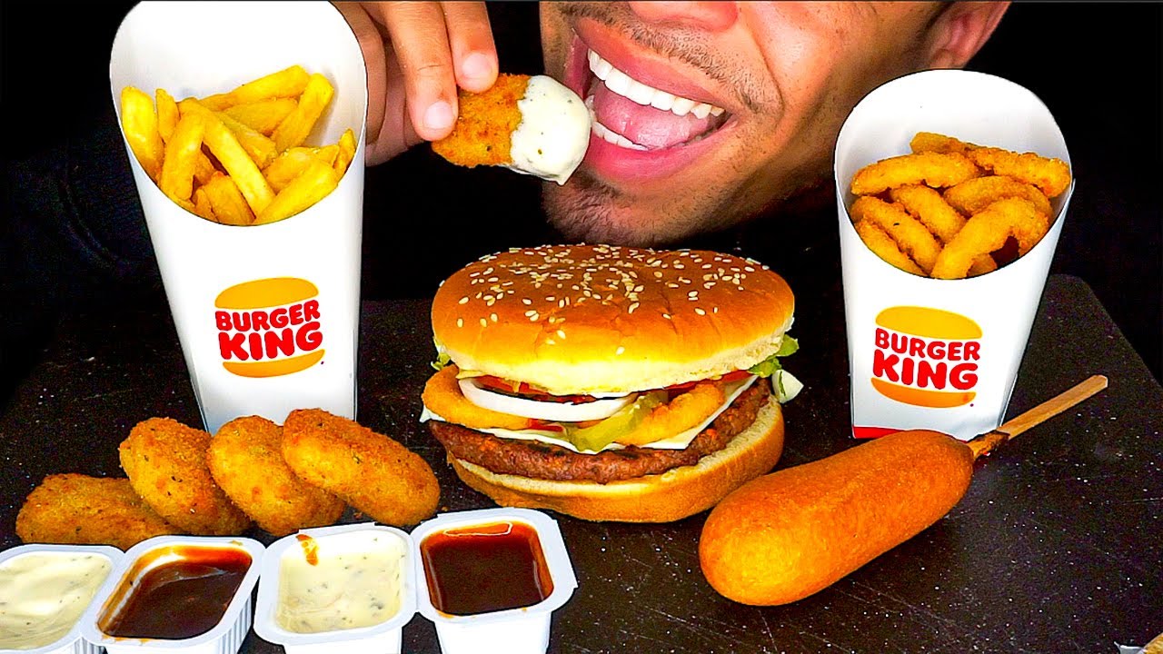 ASMR BURGER KING IMPOSSIBLE WHOPPER CHICKEN NUGGETS CORN DOGS FRIES ONION RINGS RANCH EATING JERRY