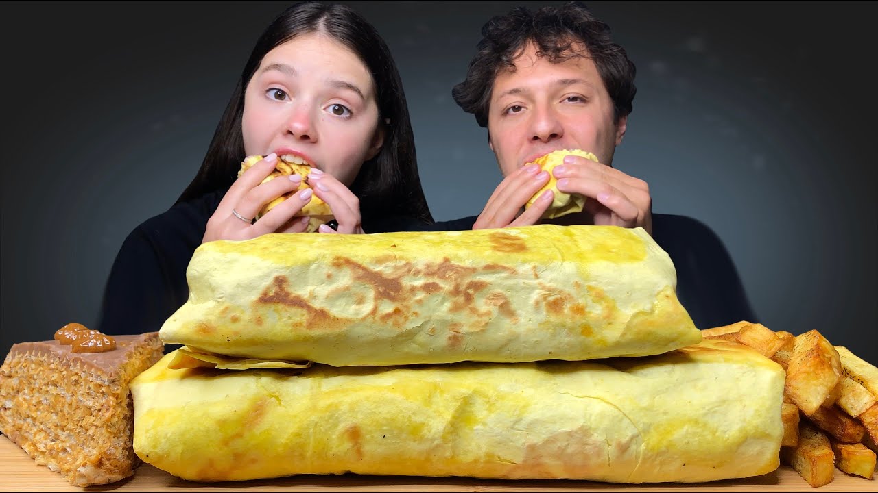 ASMR SHAWARMA, FRIES AND CARAMEL CAKE EATING SOUNDS MUKBANG