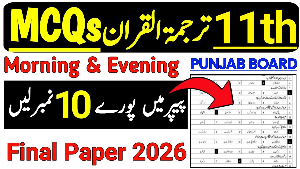 1st Year Tarjuma-tul-Quran MCQs Guess Paper 2026 | 11th Tarjuma-tul-Quran Objective Paper