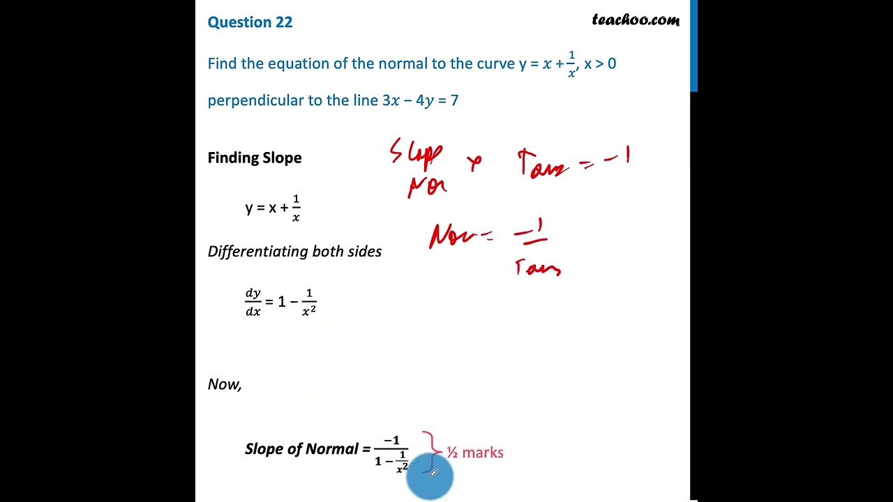Class 12 - Find the equation of the normal to the curve y = x + 1/x perpendicular - Teachoo