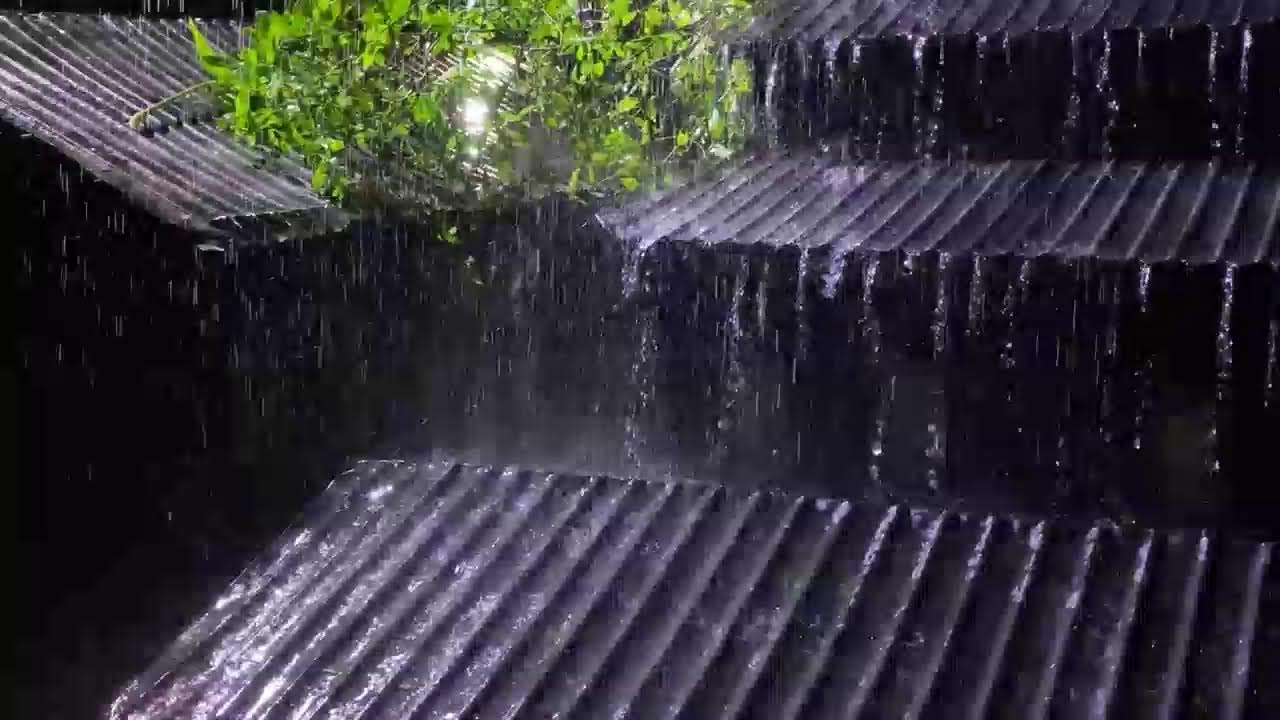Peaceful Night Ambience | Heavy Rain & Thunder on Metal Roof