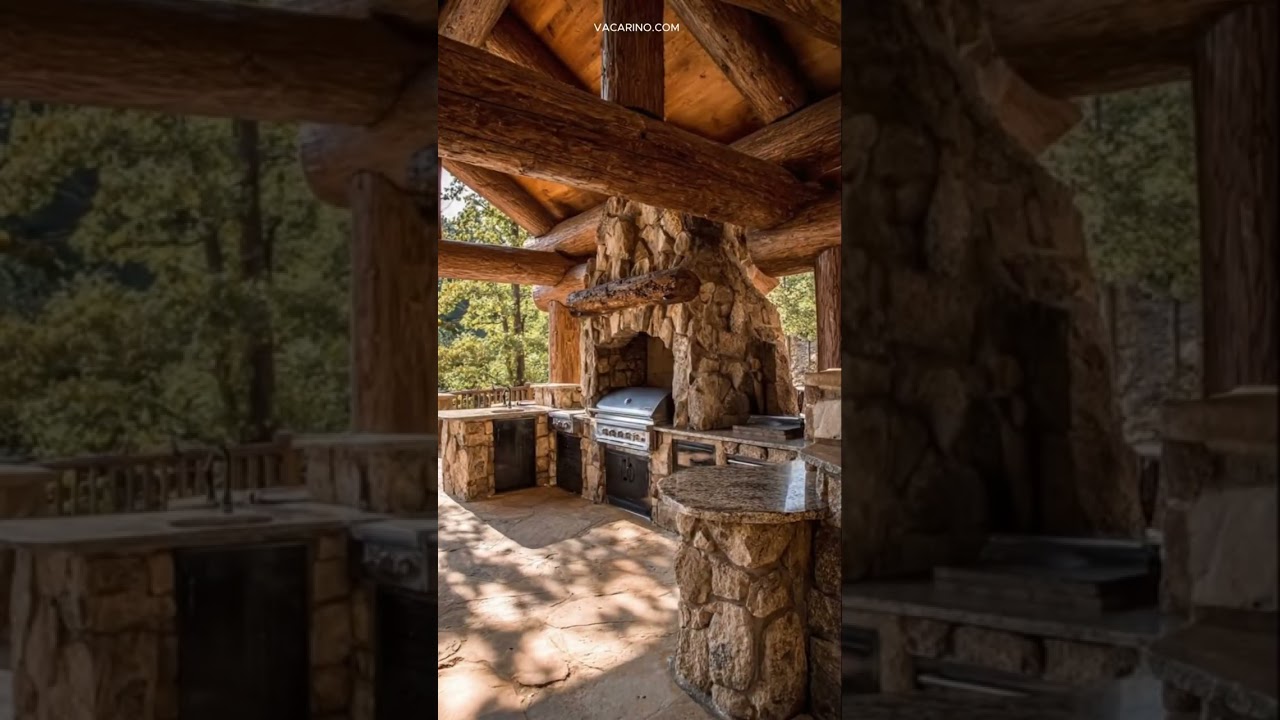 Rustic Outdoor Stone Kitchen under Timber Pavilion