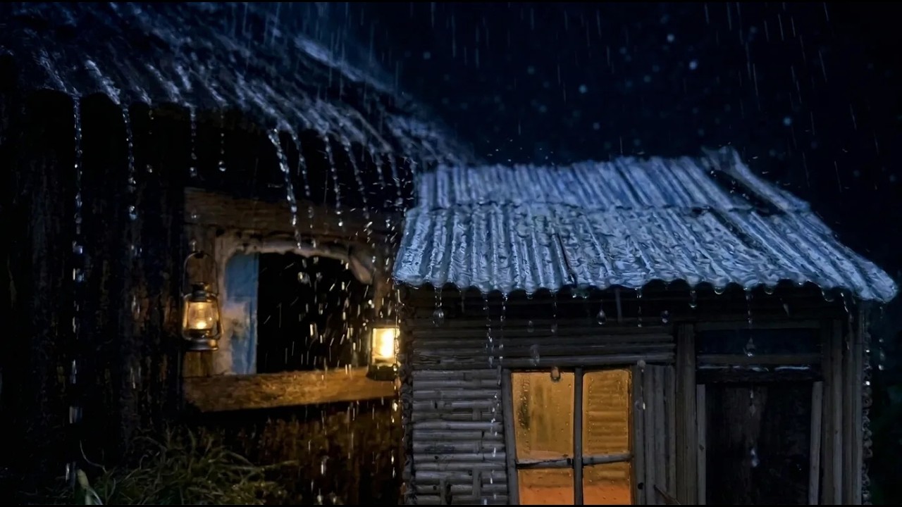 Sonidos de lluvia intensa y truenos fuertes en el techo de una casa del bosque para dormir profundo