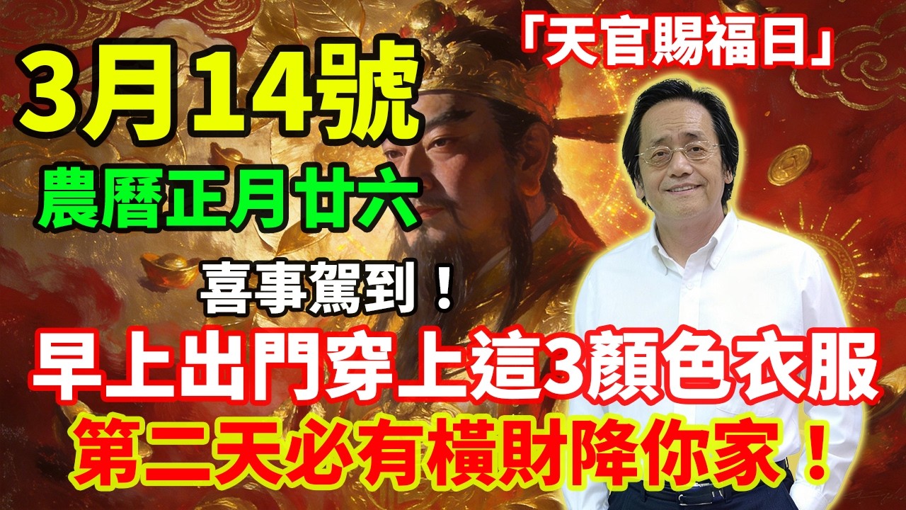 喜事駕到！3 月 14 號，農歷正月廿六，「天官賜福日」，早上出門穿上這 3 色衣服，第二天必有橫財降你家，菩薩保你正財橫財大爆發！# 佛學 #佛淨 #佛陀 #佛法 #佛教 #修行