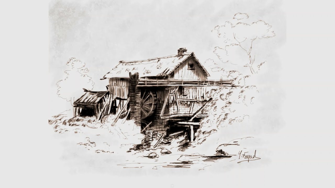 Digital Art Water Mill House Drawing Landscape Pen And Pencil Drawing Using  Sketchbook By Yasser Fa