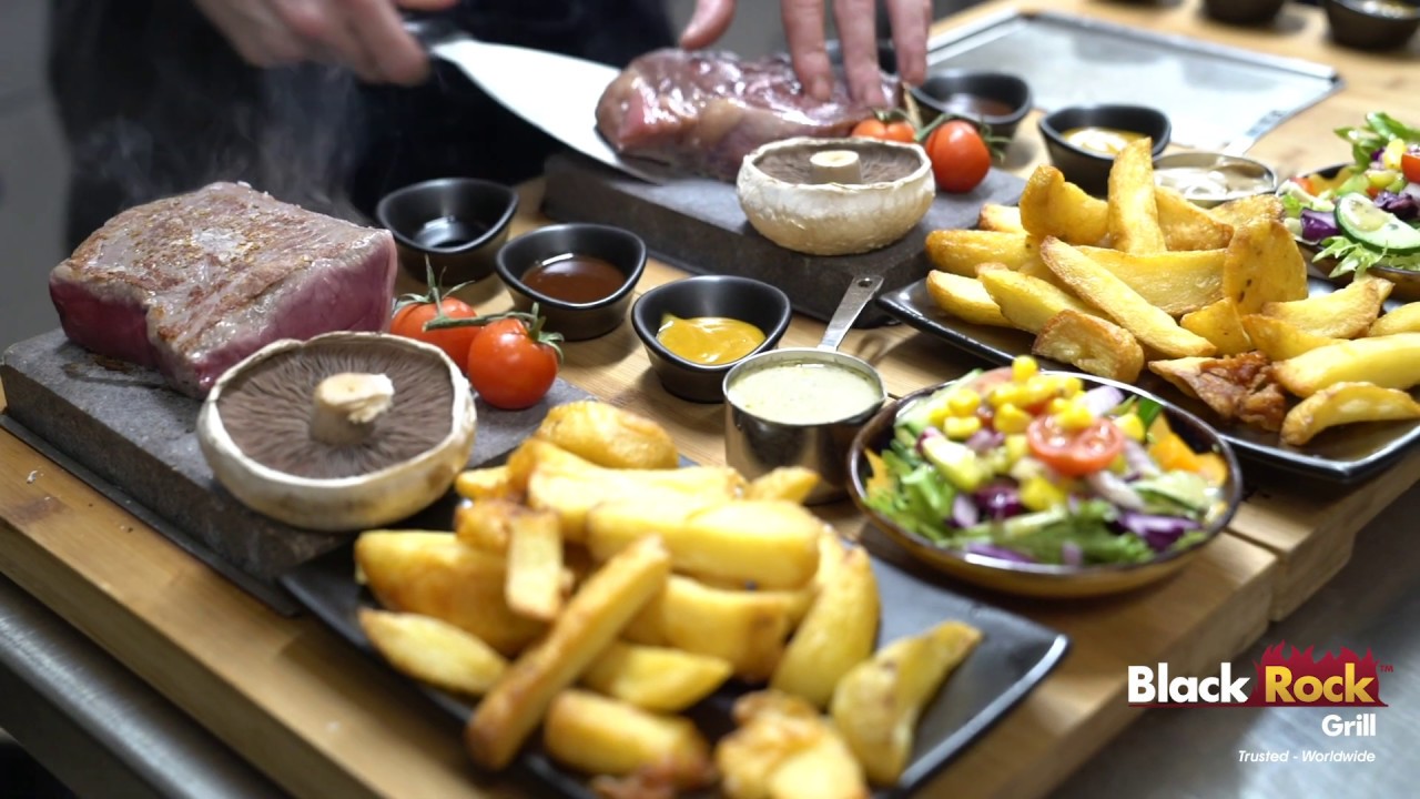 Black Rock Grill Hot Stone Cooking, Live dining at the table on hot Steak Stones