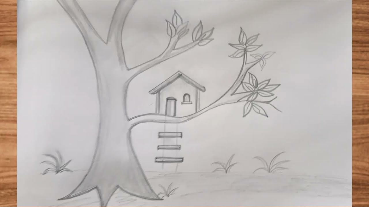 how to draw tree house step by step/tree house drawing.