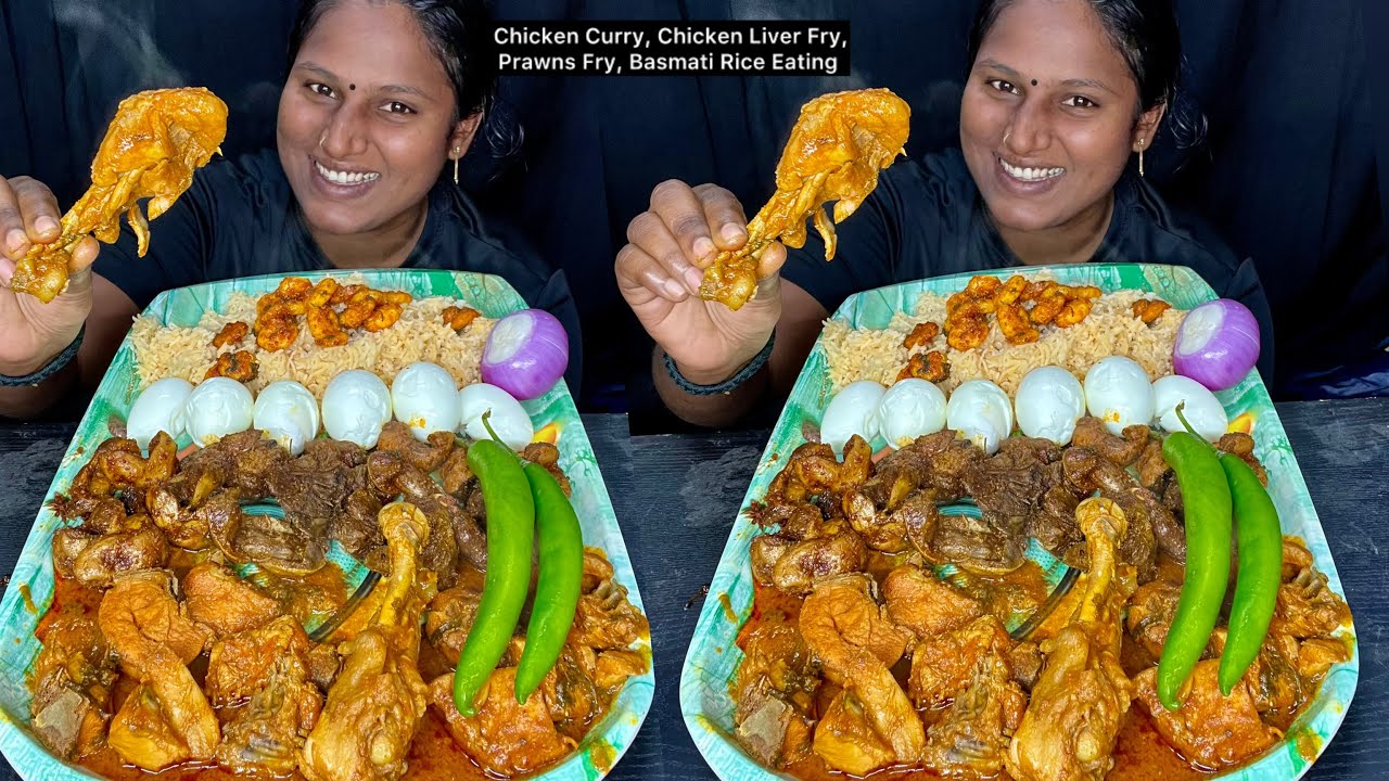 Chicken Curry, chicken Liver Fry, Prawns Fry Basmati Rice Eating Challenge | Video 204