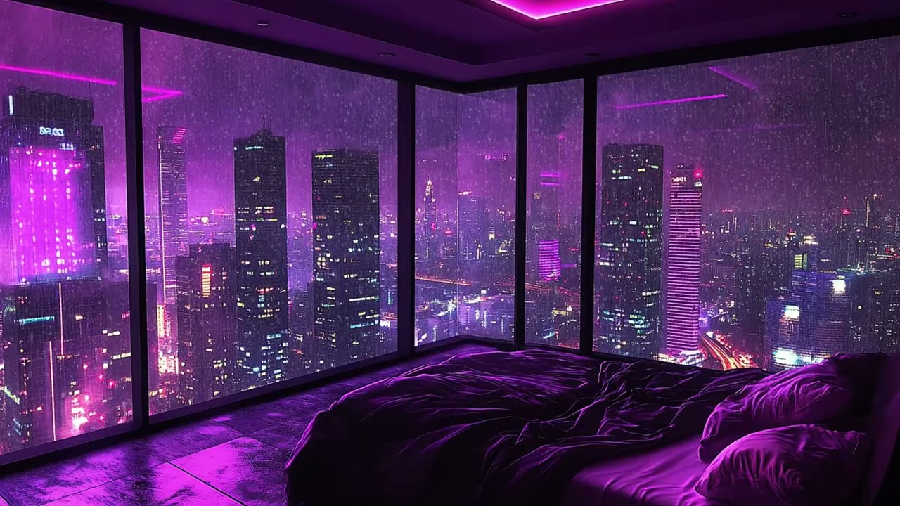 Rainy Night Over the Neon Skyline | Luxury High Rise Bedroom Interior | Calm Relaxing Sounds