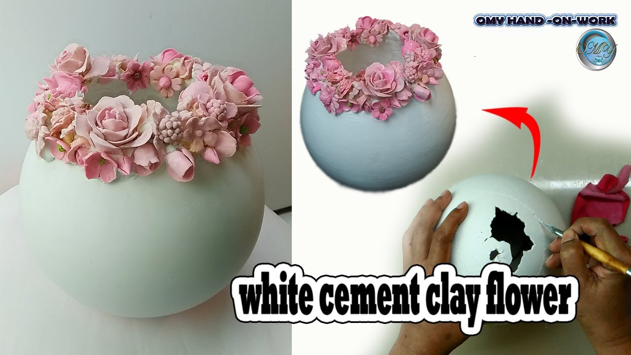 Making Flower Vase || And Decorate It With White Cement Clay Rose Fower || Cement Craft Ideas