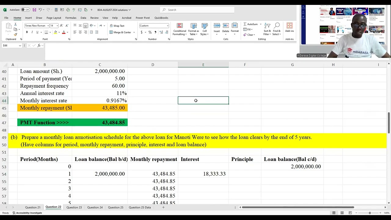 BUSINESS DATA ANALYTICS  - FINANCIAL MANAGEMENT LOAN ARMOTIZATION SCHEDULE AUGUST 2024 Q 22.