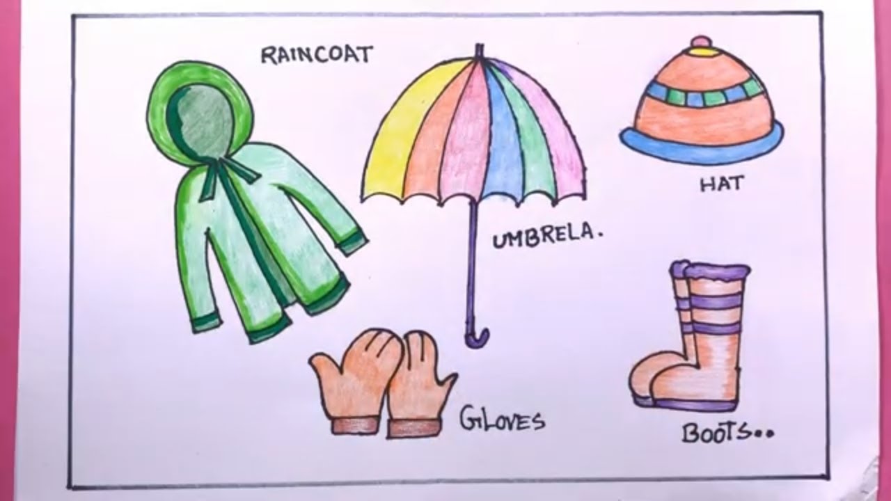 Rainy Season Outfit Drawing || How to Draw Umbrella Raincoat Boots Easy