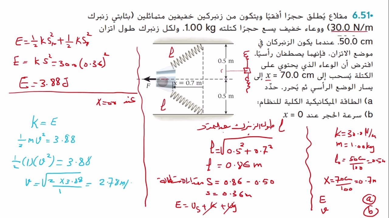 شرح حل السؤال 51و52 من درس الشغل والطاقة لقوة الزنبرك كتاب حادي عشر متقدم