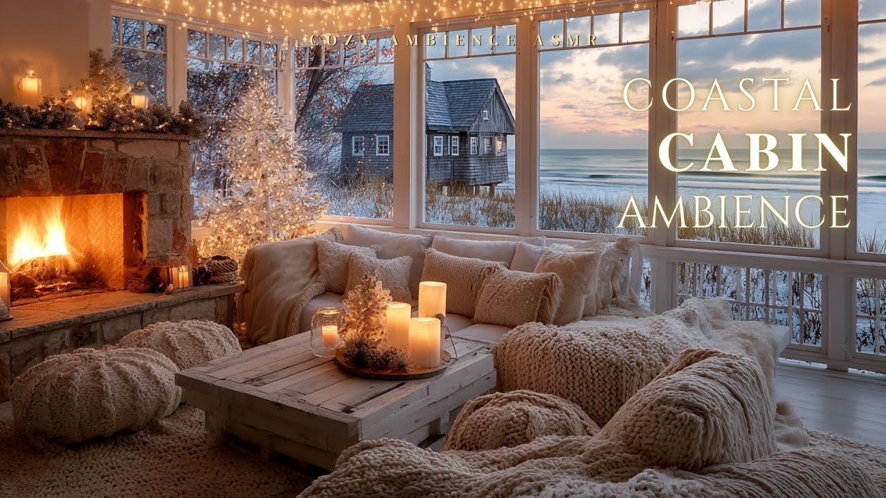 Coastal Cabin Ambience 🌊🔥Snowfall & Relaxing Fireplace + Waves