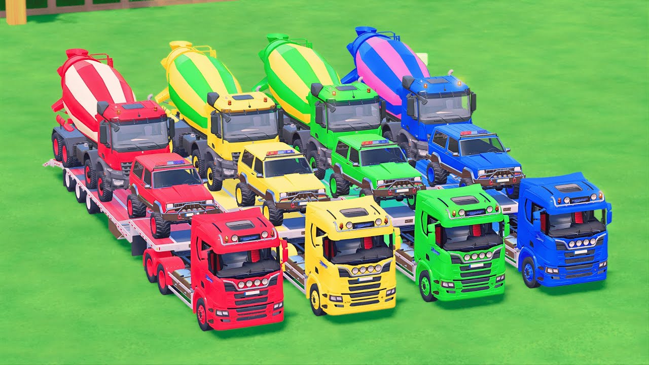 TRANSPORTING MIXER TRUCK, SCANIA, LIZARD LJ, COLORFUL CARS WITH TRUCK - FS22