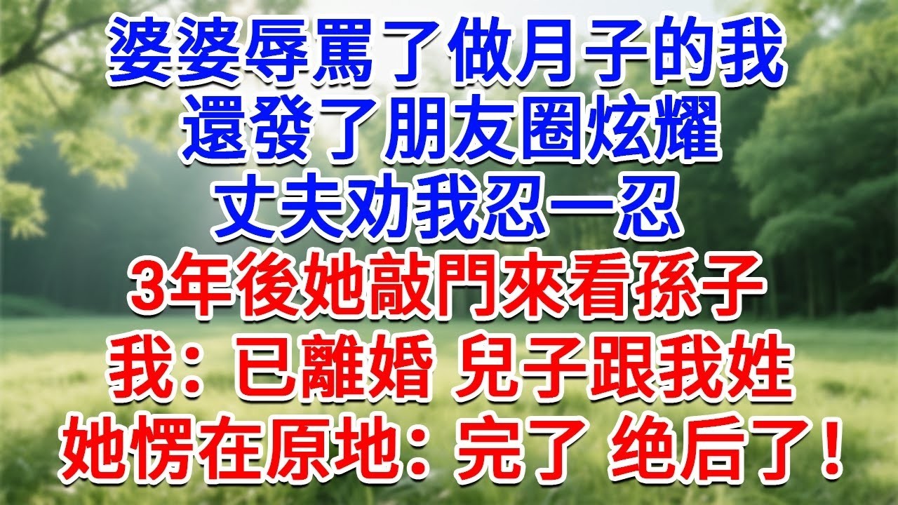 婆婆辱罵了做月子的我，還發了朋友圈炫耀，丈夫劝我忍一忍， 3年後她敲門來看孫子，我 已離婚 兒子跟我姓！她愣在原地：完了 绝后了！#為人處世#生活經驗#情感故事#故事#小說#戀愛#情感#婚姻