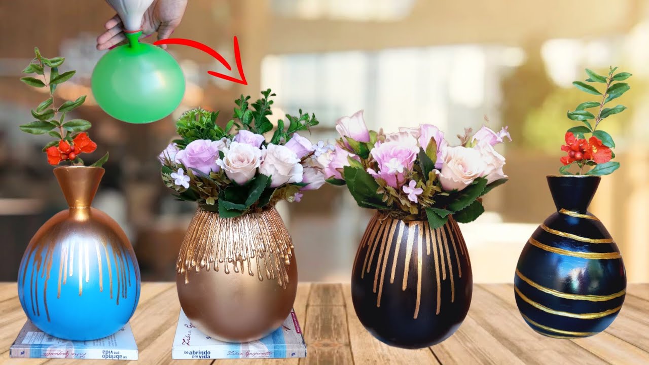 FAÇA VOCÊ MESMO 4 IDEIAS DE VASOS DECORATIVOS FEITOS DE BEXIGA E GESSO | COMO FAZER VASOS DE GESSO